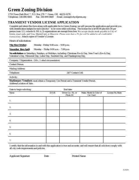 First page of the Transient Vendor License Application
