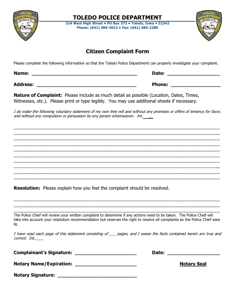 First page of the Citizen Complaint Form
