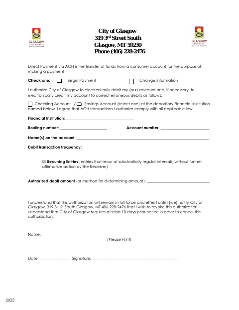 First page of the ACH Form