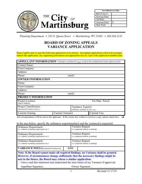 First page of the Board of Zoning Appeals Variance Application