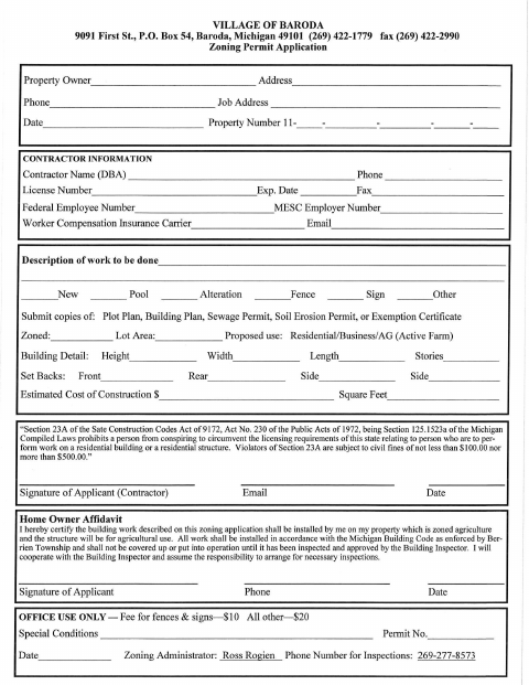 First page of the Zoning Permit Application