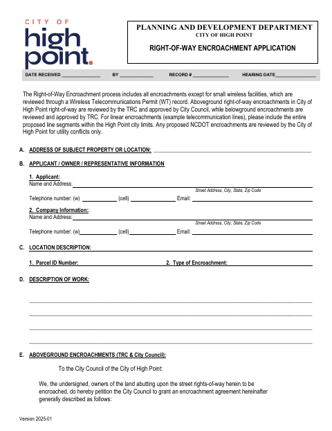 First page of the Right-of-Way Encroachment Application