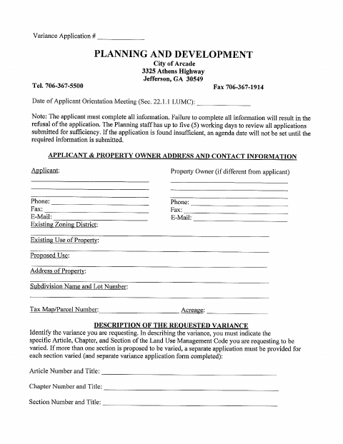First page of the Variance Application