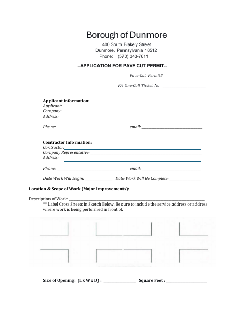 First page of the Pave Cut Permit Application