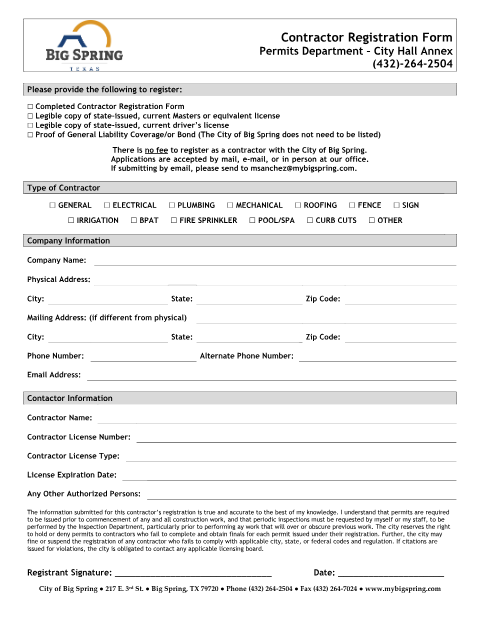 First page of the Contractor Registration Form