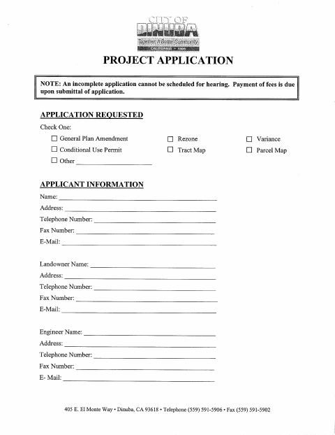 First page of the Project Application (CUP, Lot Splits, Variances)
