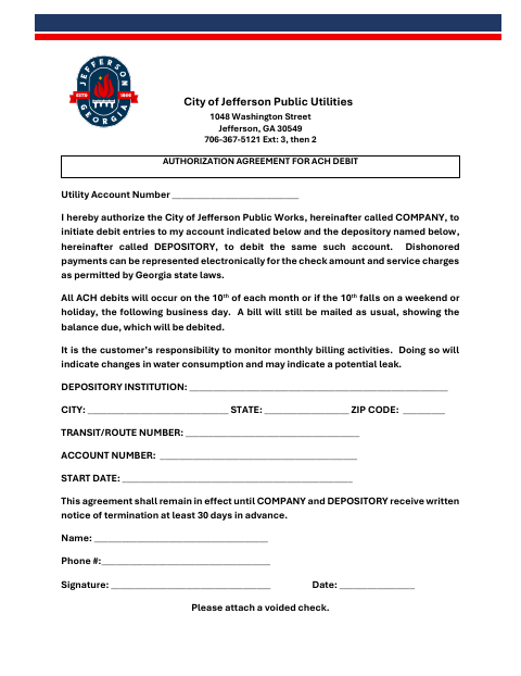 First page of the Authorization Agreement for ACH Debit