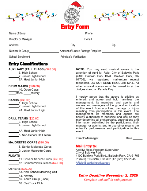 First page of the Holiday Parade Entry Form