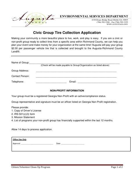 First page of the Civic Group Tire Collection Application