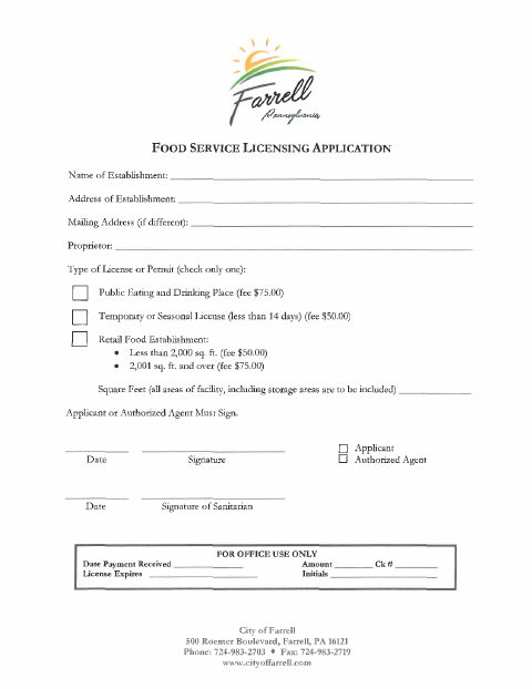 First page of the Food Service Licensing Application