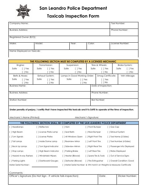 First page of the Taxicab Inspection Form