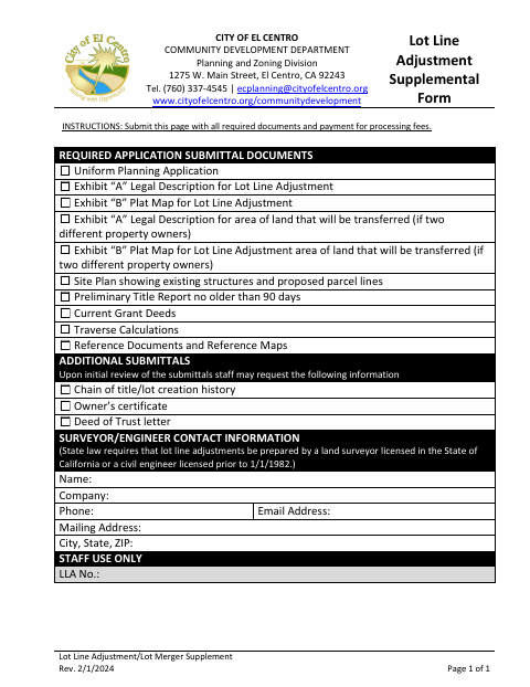 First page of the Lot Line Adjustment Supplemental Form