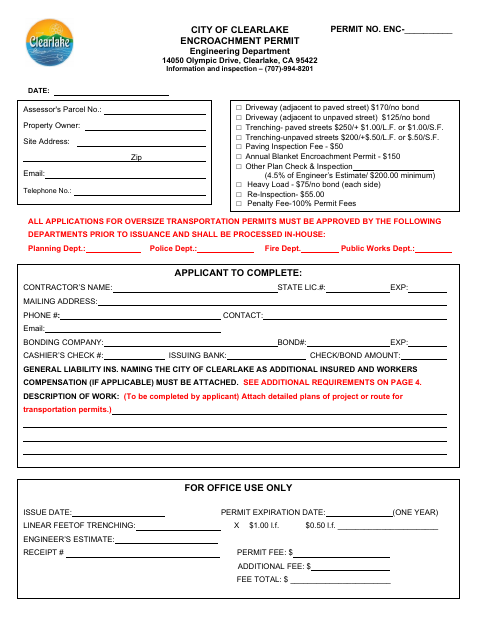 First page of the Encroachment Permit Application
