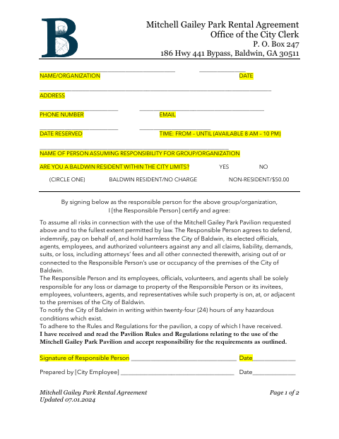 First page of the Mitchell Gailey Park Rental Agreement