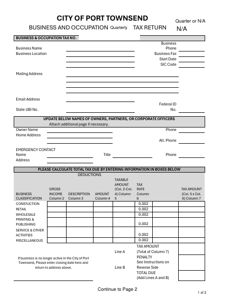 First page of the Business and Occupation Tax Return