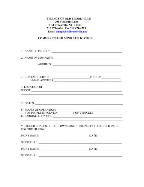 First page of the Commercial Filming Application