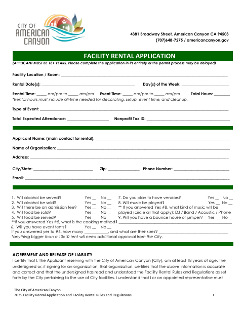 First page of the Facility Rental Application