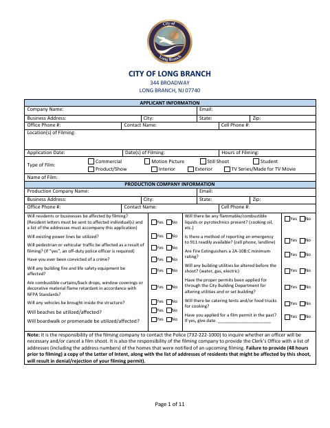 First page of the Film Permit Application