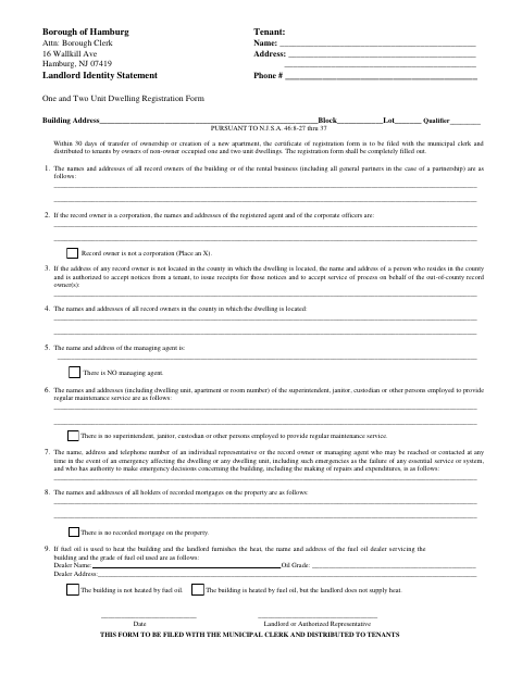 First page of the One And Two Unit Dwelling Registration Form
