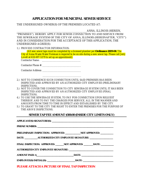 First page of the Application for Municipal Sewer Service