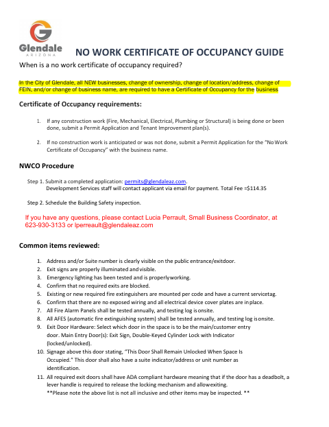First page of the Business License – No Work Certificate of Occupancy Permit Application