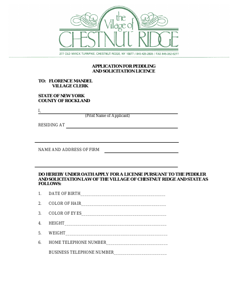 First page of the Application for Peddling and Solicitation Licence