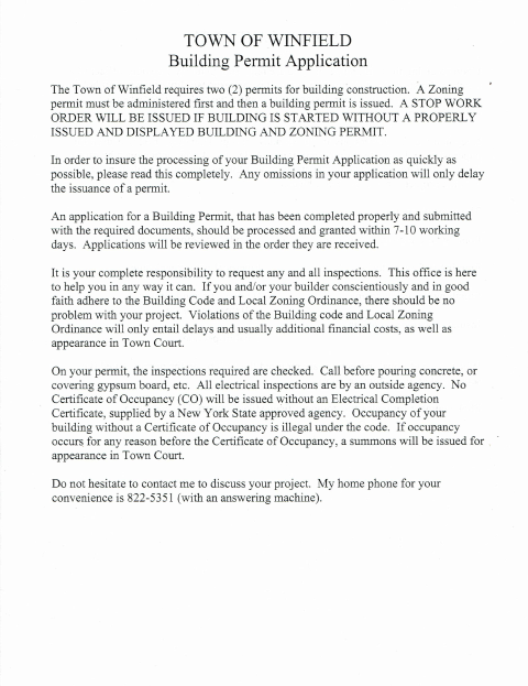 First page of the Building Permit Application and Information Package
