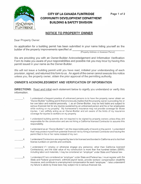 First page of the Owner-Builder Notice to Property Owner