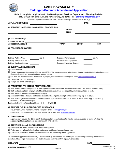 First page of the Parking-In-Common Amendment Application
