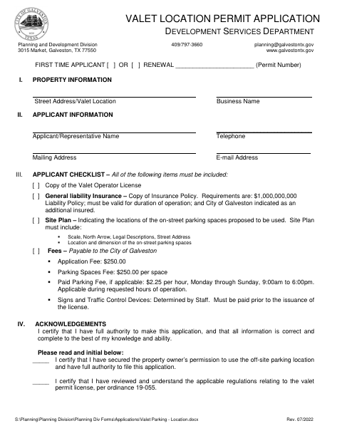 First page of the Valet Location Permit Application