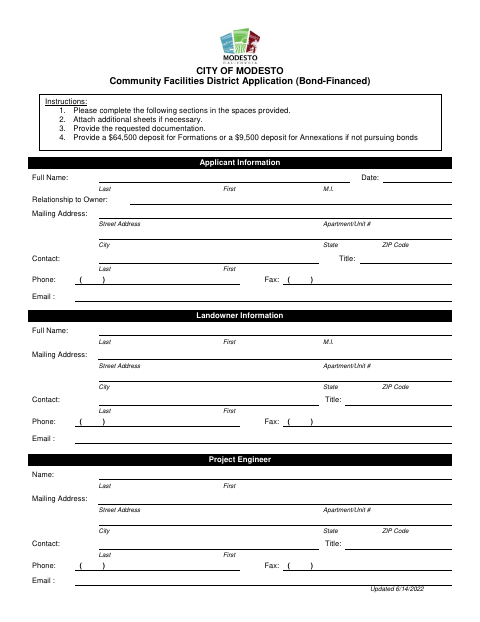 First page of the Community Facilities District Application (Bond-Financed)