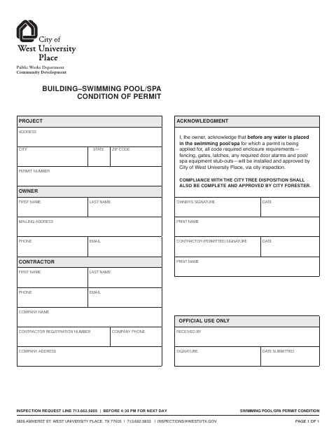 First page of the Building–Swimming Pool/Spa Condition of Permit