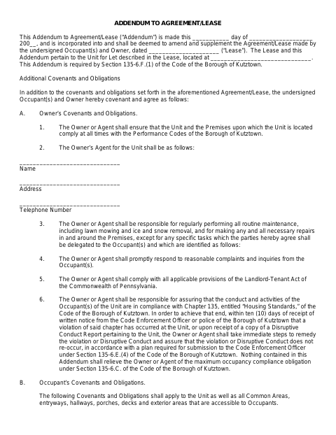 First page of the Addendum to Agreement/Lease