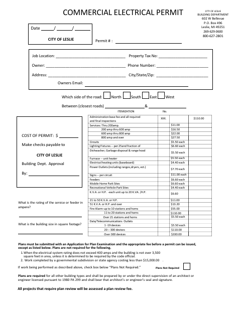 First page of the Commercial Electrical Permit