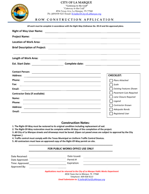 First page of the Right Of Way Construction Application