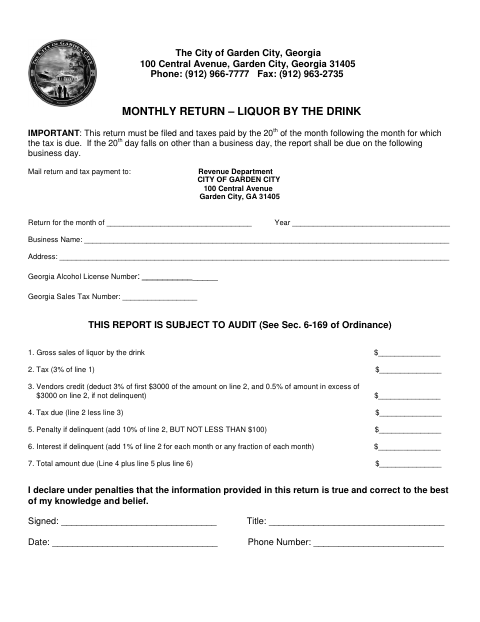First page of the Monthly Return – Liquor By The Drink