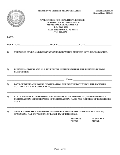 First page of the Application for Health Spa License