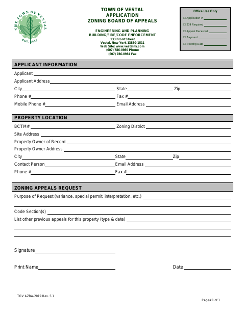 First page of the Zoning Board of Appeals Application
