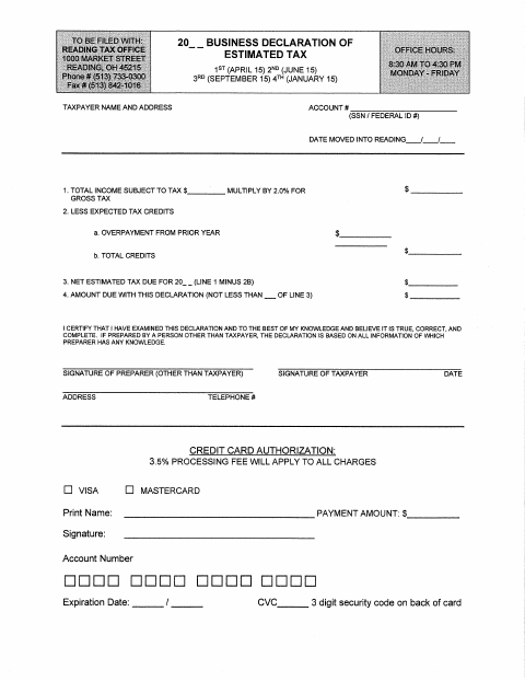 First page of the Business Declaration of Estimated Tax Form