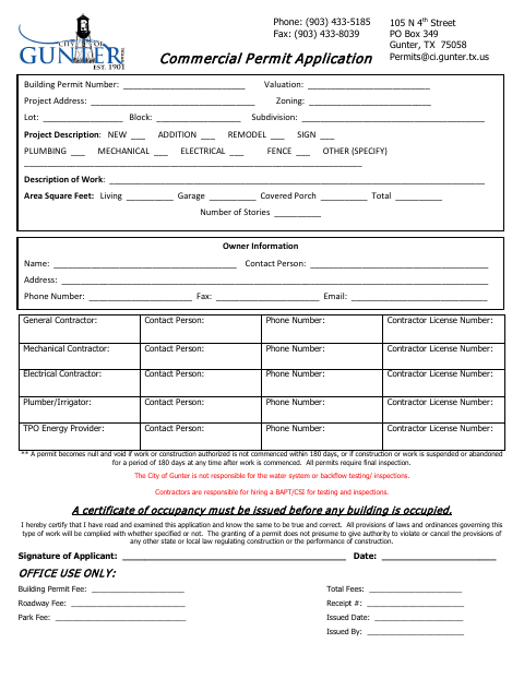 First page of the Commercial Permit Application