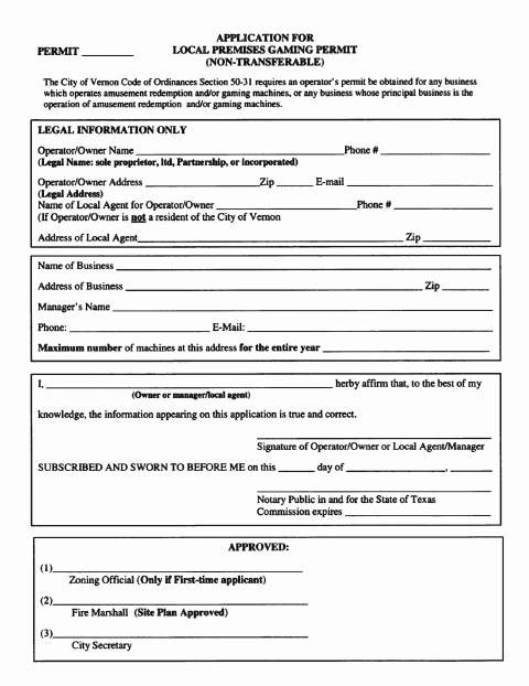 First page of the Local Premises Gaming Permit Application