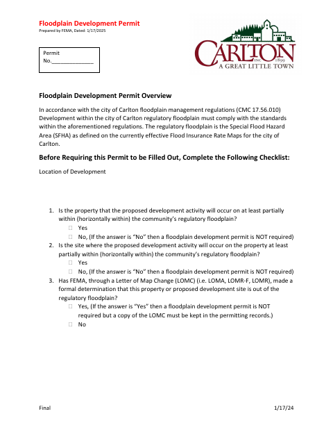 First page of the Floodplain Development Permit