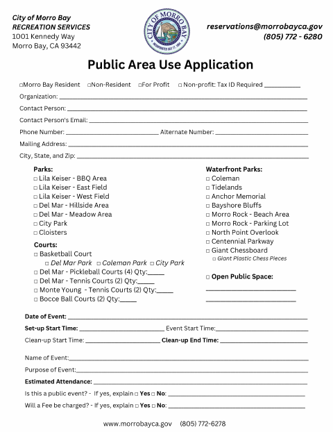 First page of the Public Area Use Permit Application