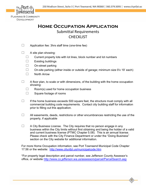 First page of the Home Occupation Application Submittal Requirements Checklist