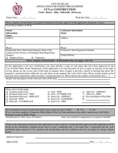 First page of the Application for Street Break Permit