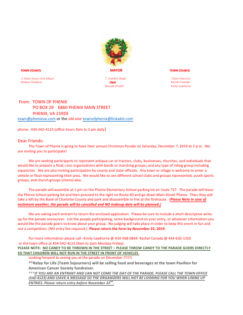 First page of the Christmas Parade Application