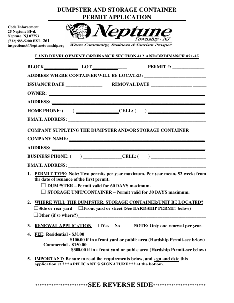 First page of the Dumpster Permit Application