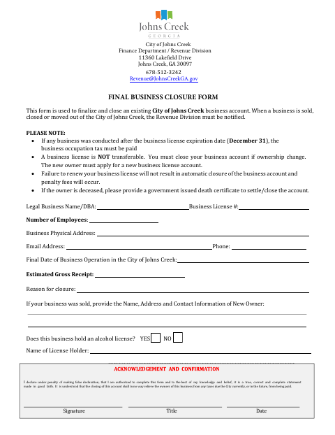 First page of the Final Business Closure Form