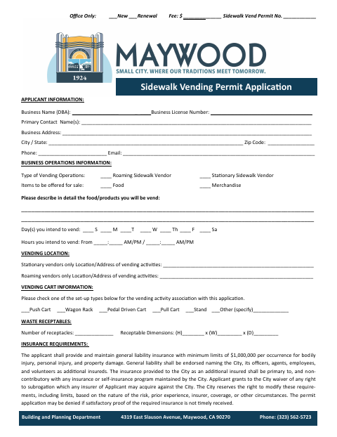First page of the Sidewalk Vending Permit Application