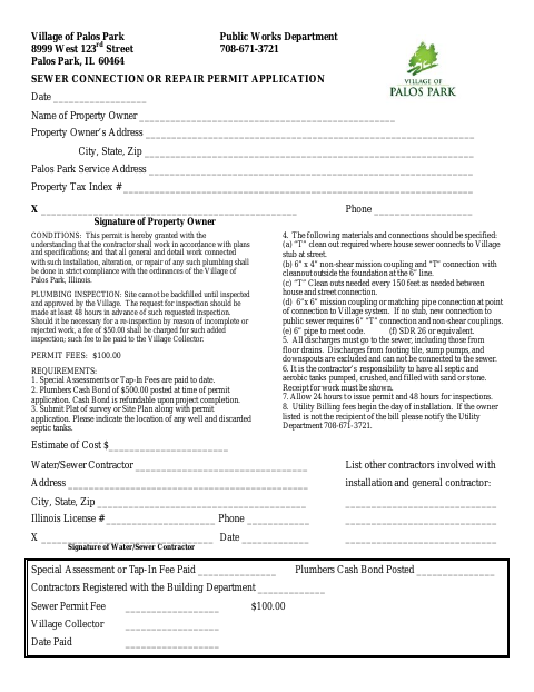 First page of the Sewer Connection or Repair Permit Application